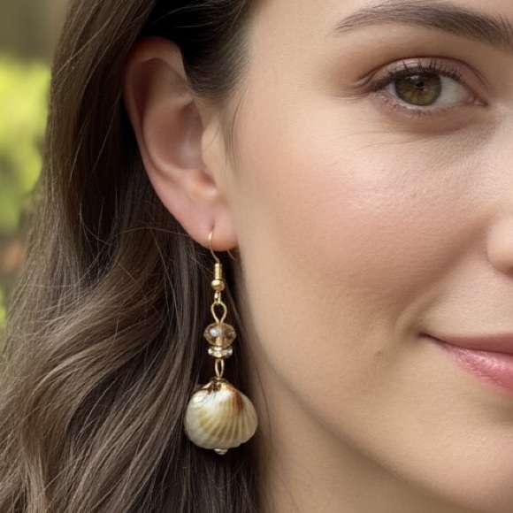 Gold Clamshell Drop Earrings w/ Smoky Crystal – Beach Boho Statement Jewelry - Picture 8 of 10